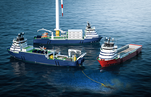 PSV Skandi Sotra cable laying vessel with 2 ship companions near a sea windmill