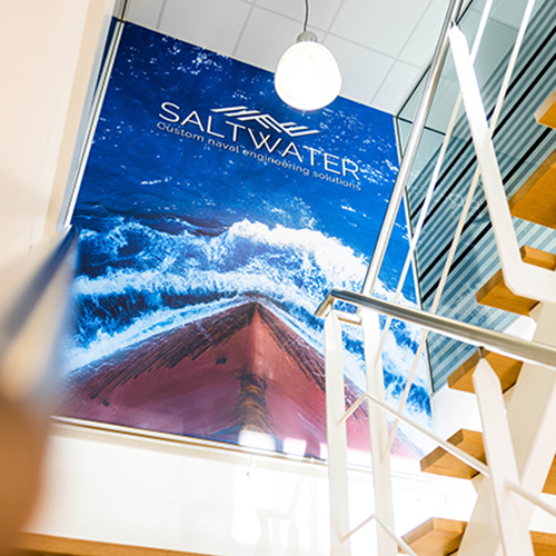 Picture of a stair case with a Saltwater banner